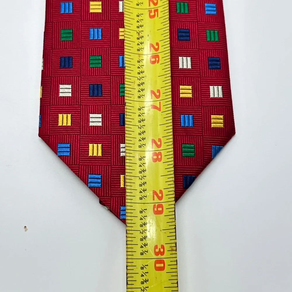 Rooster Mens Silk Necktie Red Geometric Multicolored Square Pattern Classic Tie
